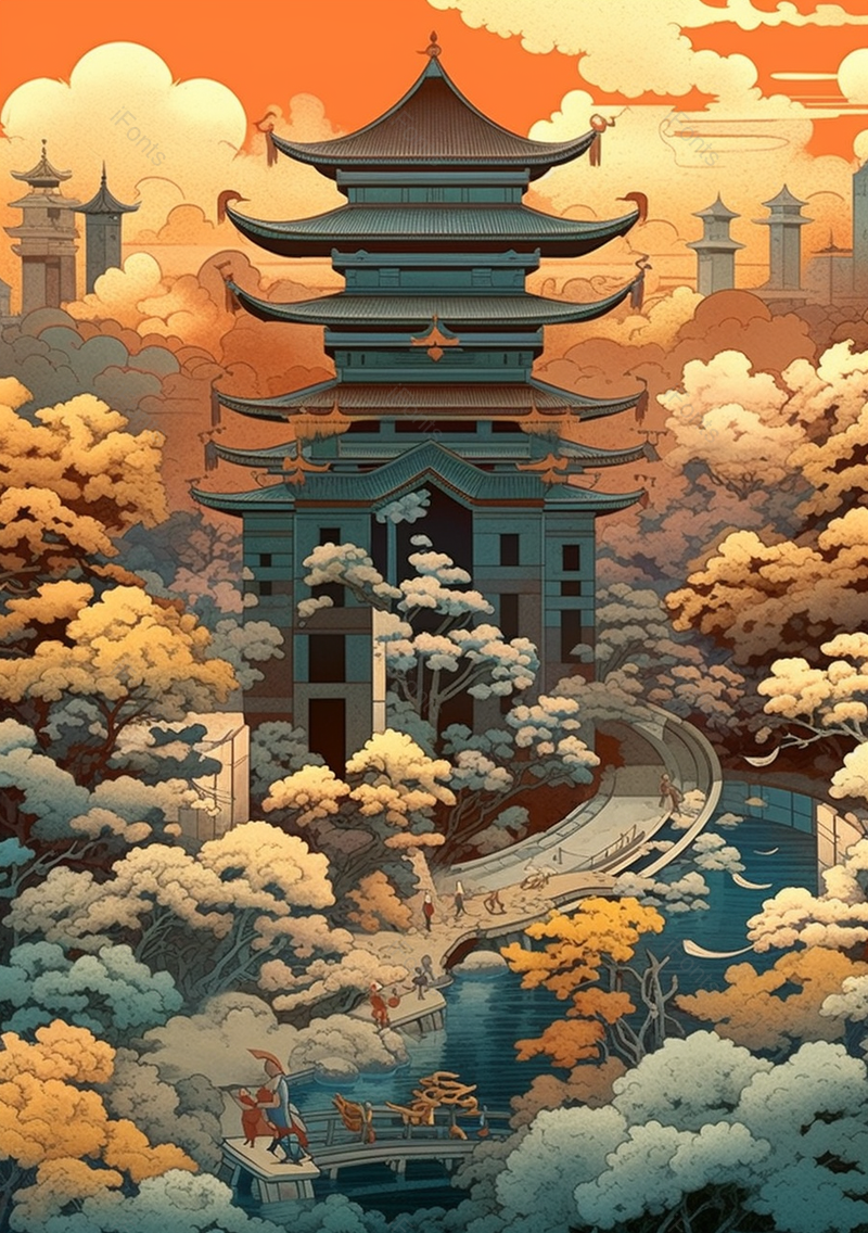 国潮古典建筑楼阁和小桥流水插画,插画/手绘图,插画/手绘图库,插画/手绘图下载,插画/手绘